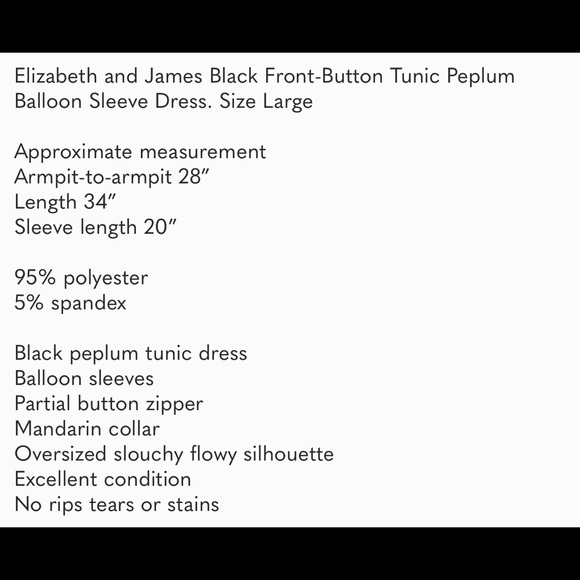 Elizabeth and James Black Front-Button Tunic Peplum Balloon Sleeve Dress-Large - Picture 2 of 4